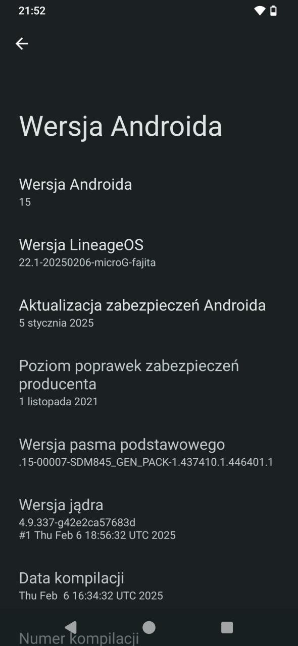 LineageOS informacje o systemie