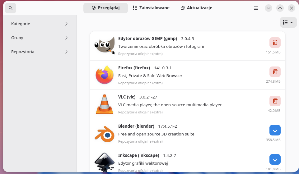 Menedżer oprogramowania Pamac w Arch Linux
